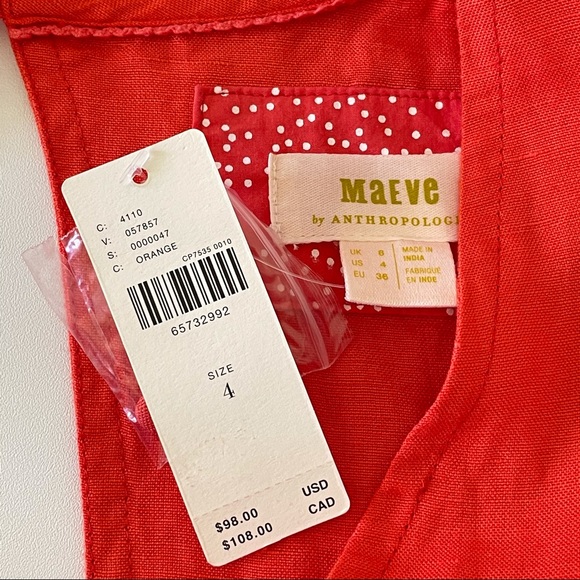 NWT Anthropologie Maeve Short Sleeve Tie-Front Linen Blend Blouse Orange 4 - Picture 11 of 16